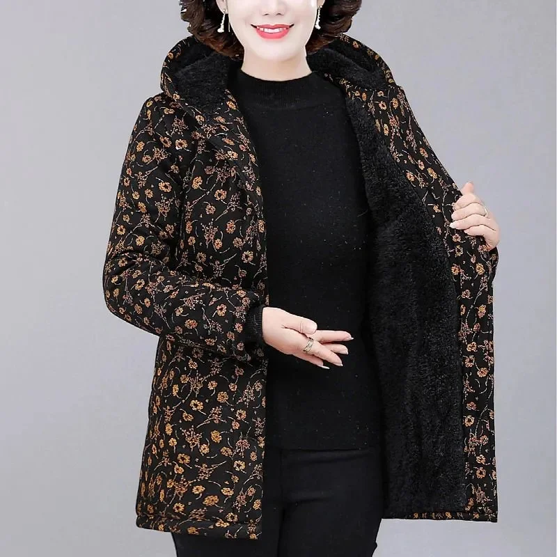 Printed Mother Plus Velvet Padded Coat Extra Thick Winter Grandma Hooded Winter Joker Cotton And Linen Warm Woman Jacket