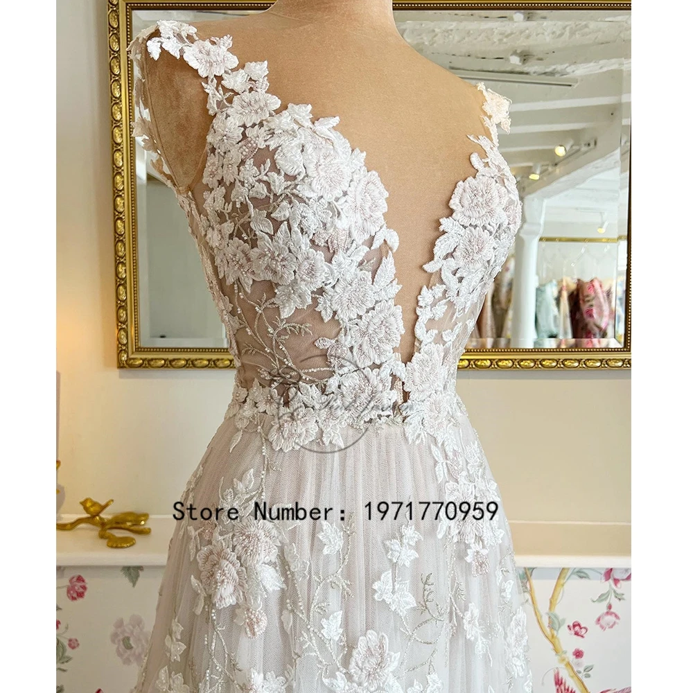 Deep V Neck Gorgeous Applique Wedding Dresses For Bride Sleeveless 2023 New Elegant Court Train With Soft Lace Robe De Mariée