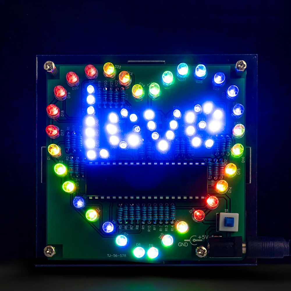DIY Buntes LOVE Herzförmiges Fließendes Licht Elektronik-Bausatz MCU PCB Atmosphärenlicht Blinkendes DIY Lötpraktikum-Set DC 5V
