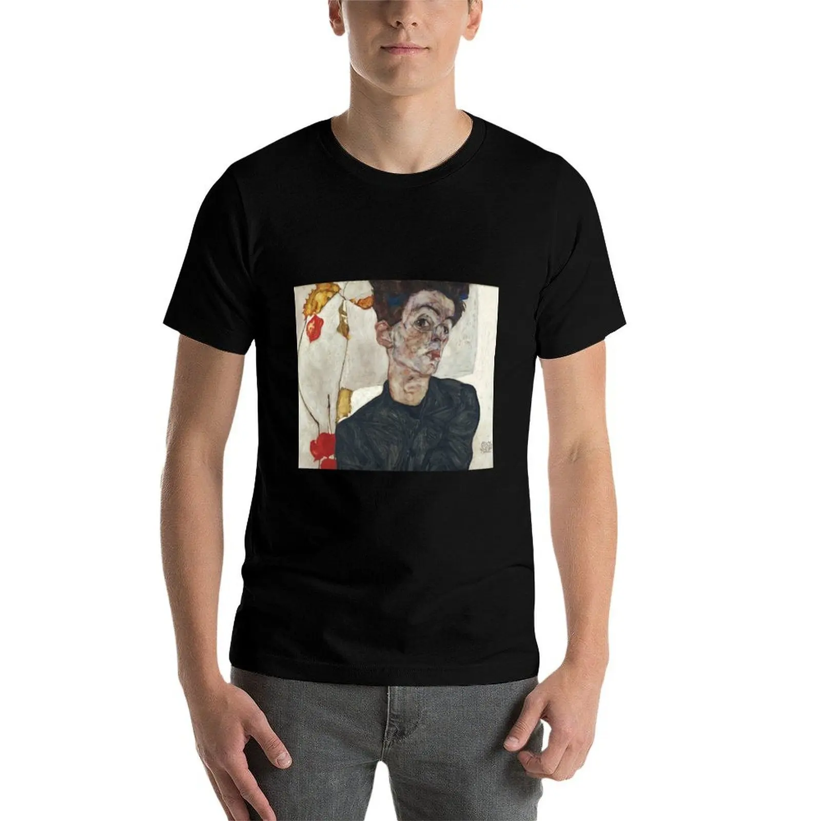 Egon Schiele Self-Portrait with Physalis, 1912 T-Shirt Large Size Casual Tee Shirt T-Shirt view 4
