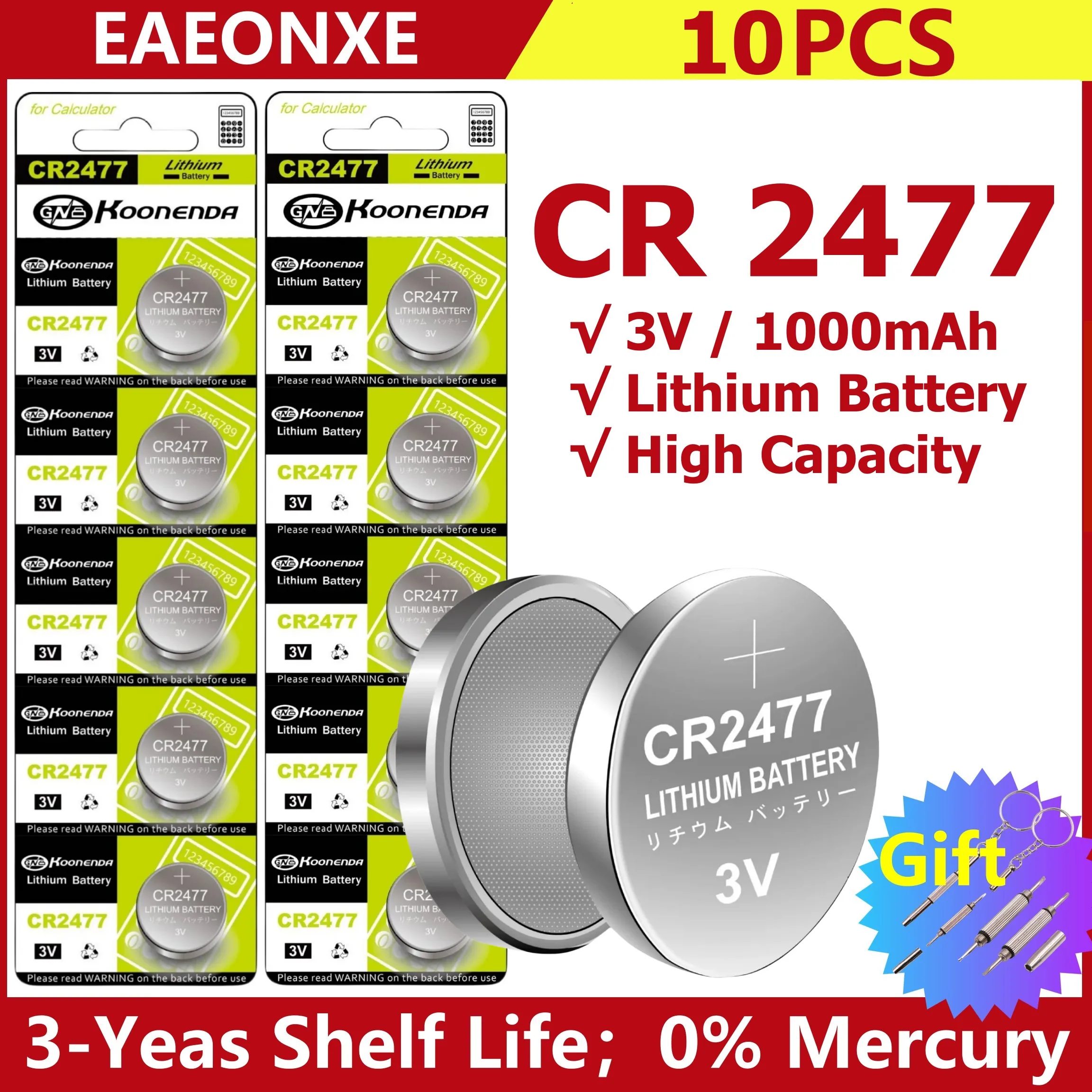 10Pcs CR2477 Button Cell Batteries 3V Lithium Batteries 2477 for Watches Calculators and Remote Control Car Keys