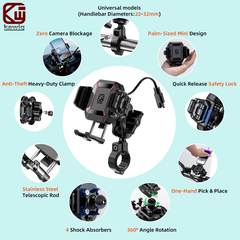 Kewig M33A Mini Shockproof Motorcycle Phone Holder 15W Wireless Charger & 36W USB C Fast Charging Motorbike Bicycle Bike Scooter