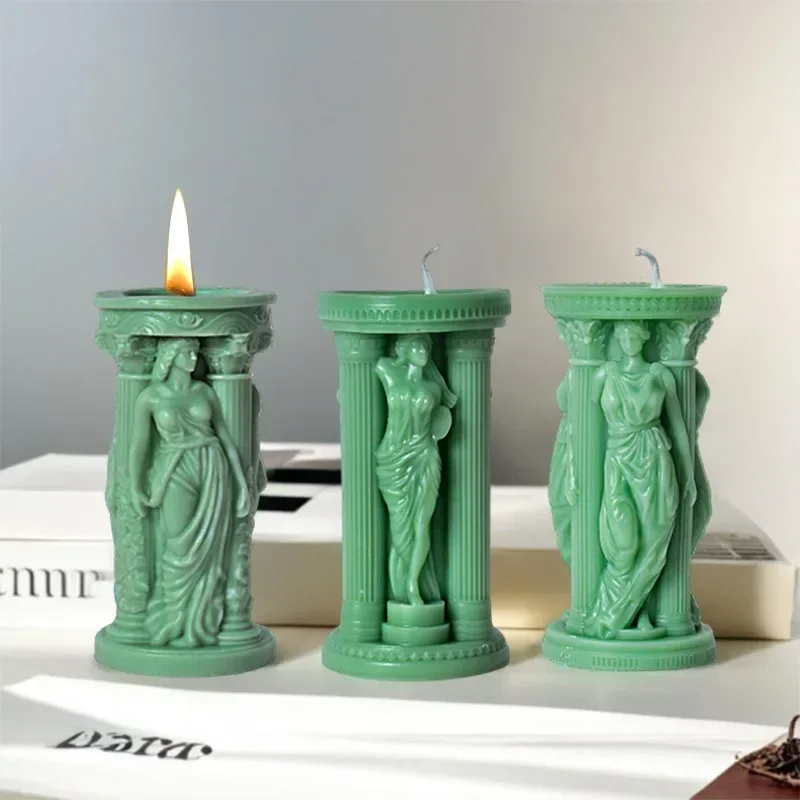 3D Athena Goddess Candle Silicone Mold Greek Athena Statue Roman Column Resin Mold Goddess Woman Sculpture Gypsum Mold