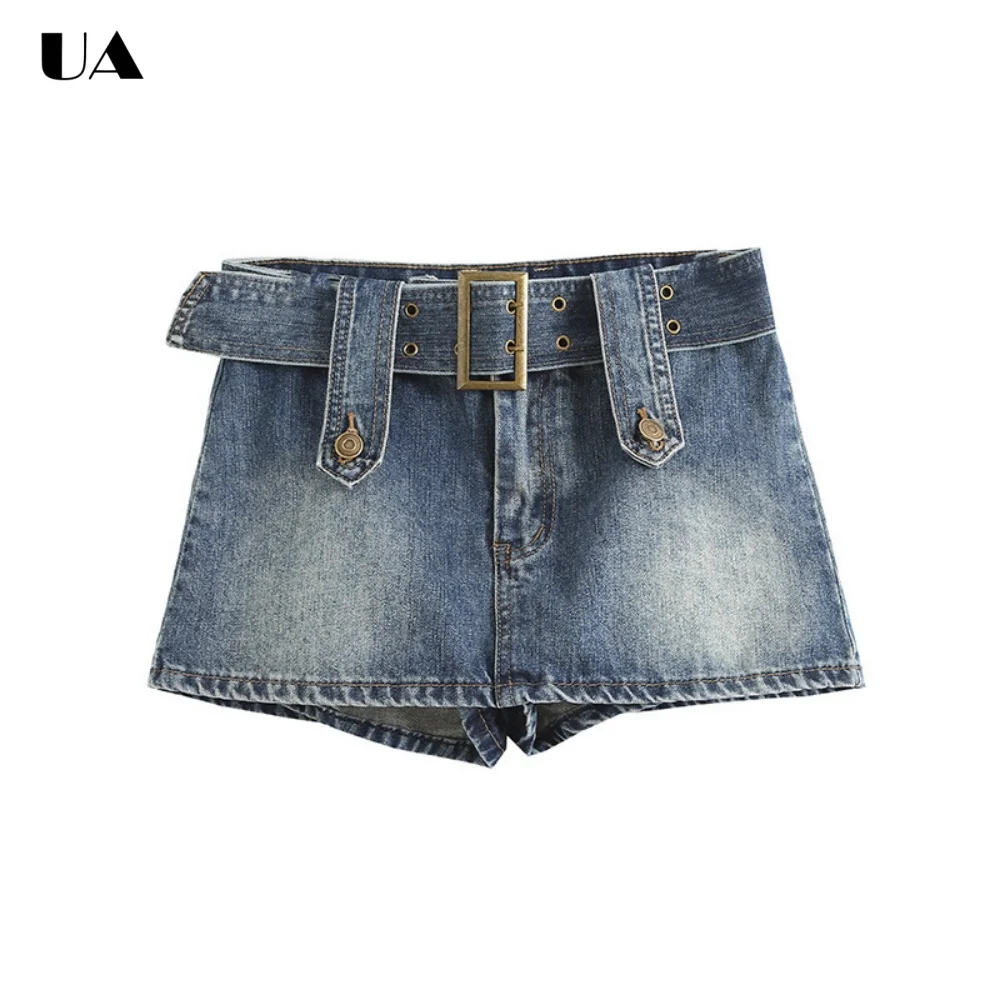 

Baddie Style Denim Belted Mini Skirt for Women, Y2K Dropped Unique Skirts, Hotsweet Bodycon Women's Skirts, Safety Zipped Skort