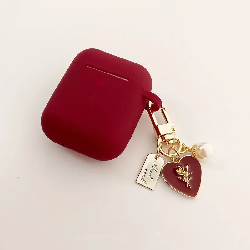 Vintage Roses Pearl Keychain Wine Red Silicone Earphone Case For Apple Airpods 4th1 2 Pro 3 Bluetooth Headset Cover Sweet Cute