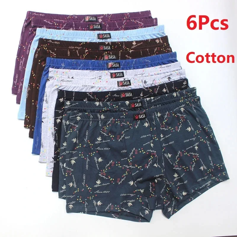 Shorts boxer de algodão respirável masculino, roupas íntimas soltas, estampa de cintura média, shorts sexy para homens de meia idade, plus size, 6 peças por lote