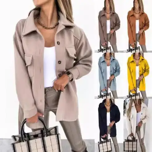 

Женское шерстяное пальто-рубашка с воротником, прямого кроя, с длинным рукавом, однотонное, в академическом стиле, зимнее, модное, для женщин