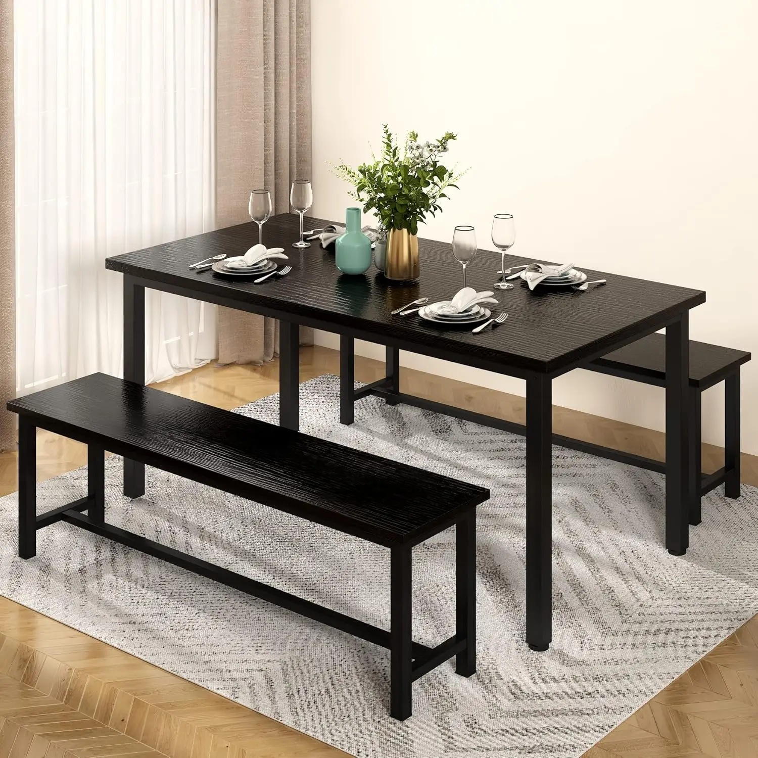 Kitchen Table Set with 2 Benches 4 Person Dining Room Table Set for Home Kitchen, Dining Room, Restaurant, Space Saving,