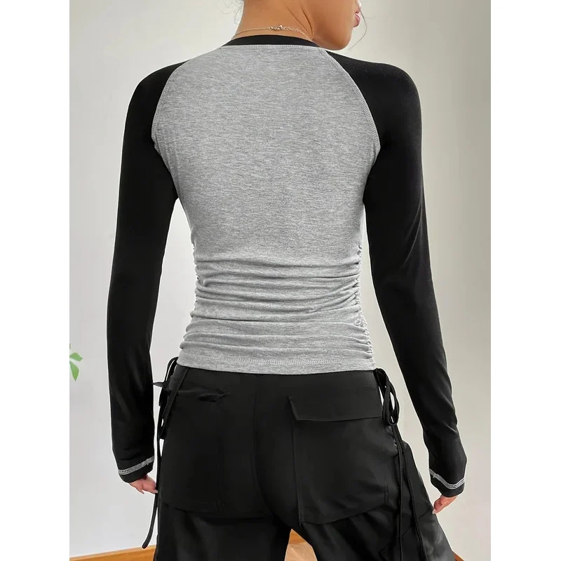 Mf8 camisetas ajustadas de manga larga para mujer, top corto para fiesta de vacaciones Y2K, manga larga coreana Harajuku Kpop, patchwork gráfico hoo8... GF