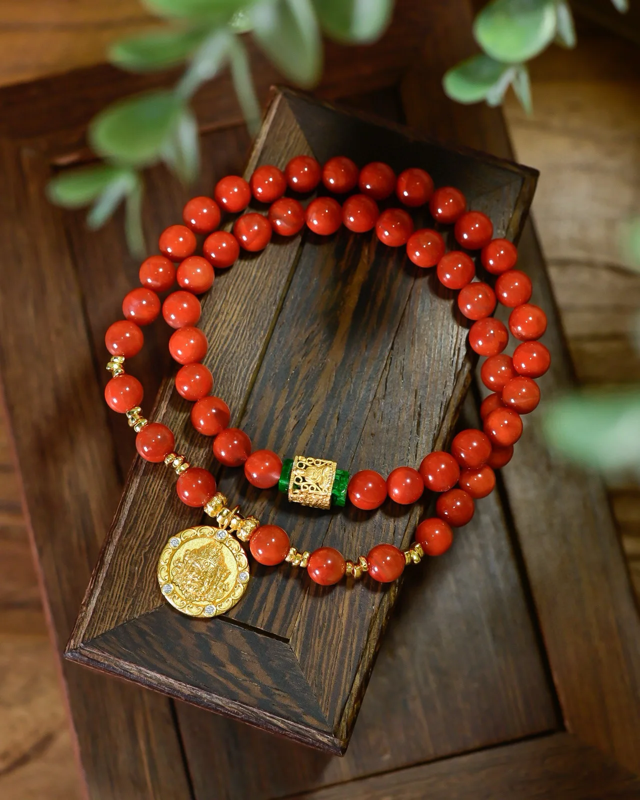 

Natural Red Agate Bracelet, Double-Layer AAA Jadeite with Gold-Plated Wealth God Pendant, Feng Shui Money Luck Mala Chain