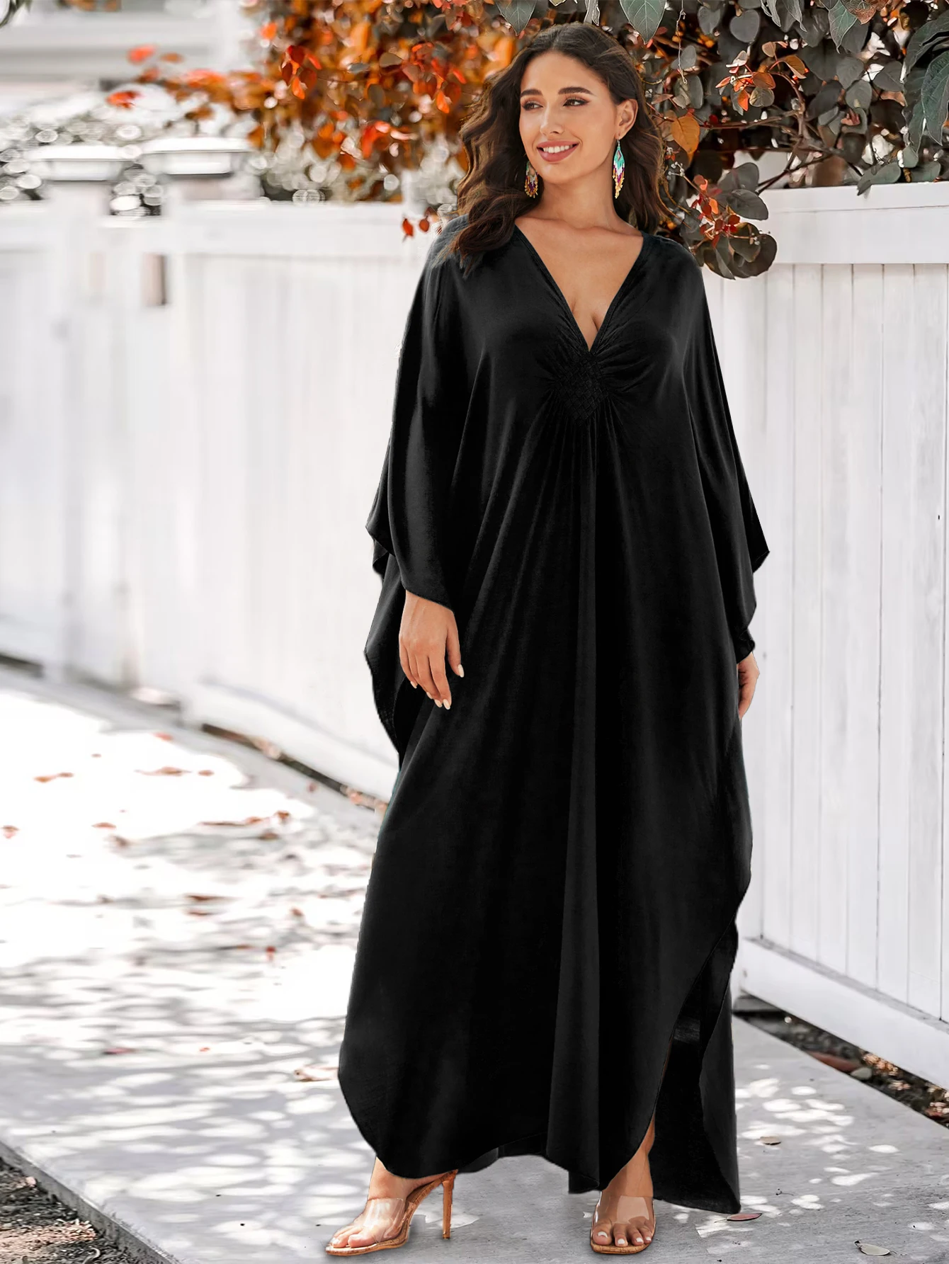 Black Causal Handmade-knit V Neck Plus Size Kaftan House Dress 2024 Women Summer Beach Wear Swim Suit Cover Up Loose Robe Q1590