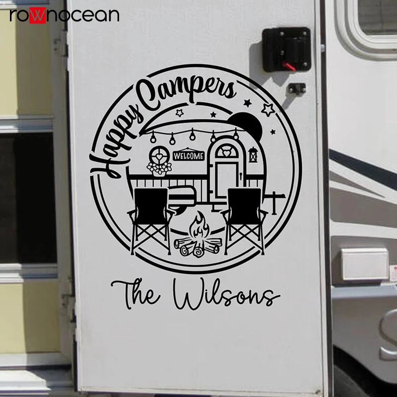 Happy Campers vinyl decal adirondack chairs custom rv decal personalized with last name E977