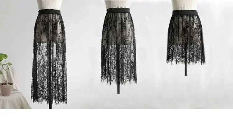 Transparent Sexy Lace Mesh Skirt Elastic High Waist Black White Tulle  Mini Skirts Womens Lace Skirt  Korean Fashion