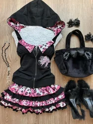 2024 New Gothic Vintage Hot Girls 2 Piece Sets Women Sexy Bow Hooded Halter Tops + Y2k Mini Cake Skirt Harakuju Retro Outfits