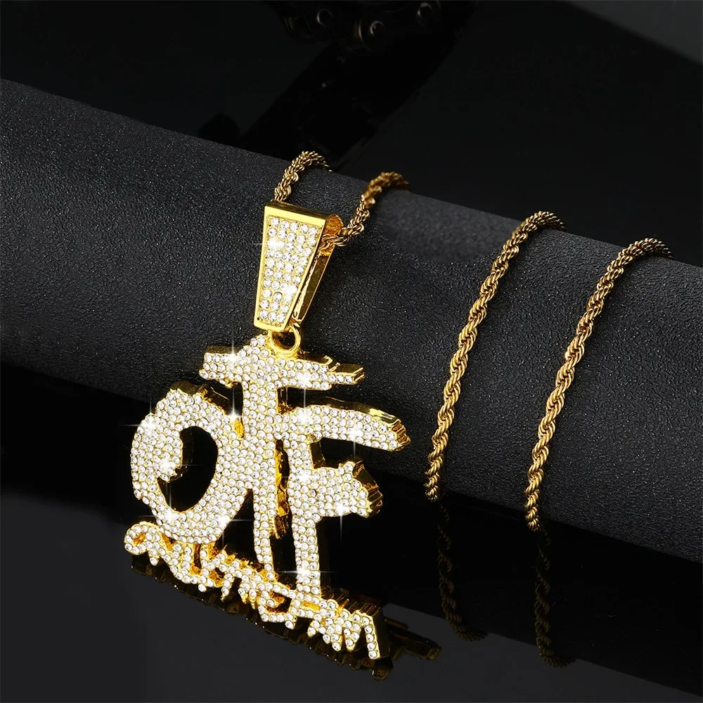 Luxury Shiny Ice Crystal Zirconia Letters Otf Letter Pendant Necklace for Men and Women Fashion Rock Rap Party Jewelry Gift