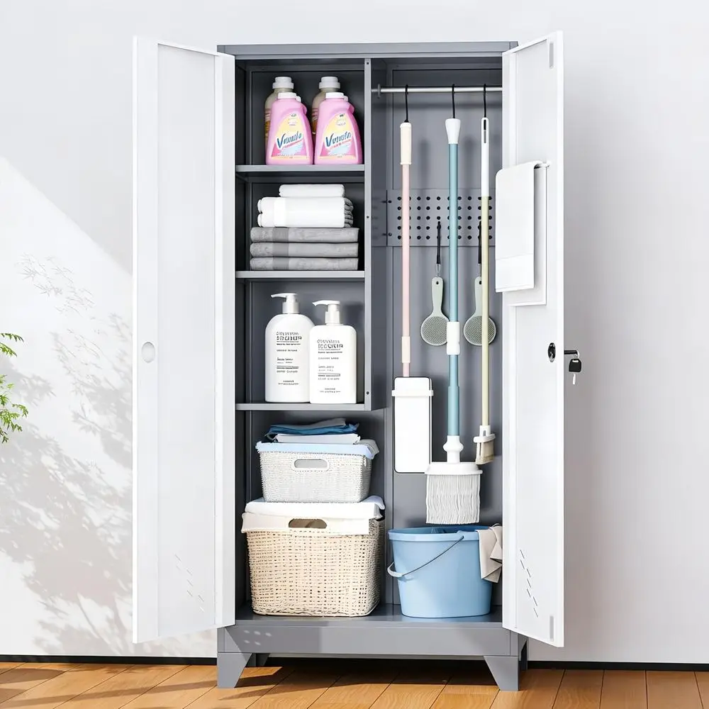 Metal Utility Cabinet with 2 Doors, Pegboard, Hanging Rod, White-Gray for Garage, Laundry, Home Office Storage