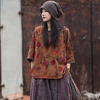 100% Cotton Casual T-shirts Women New Arrival 2024 Summer Vintage Style O-neck Print Loose High Quality Female Tops Tees M259