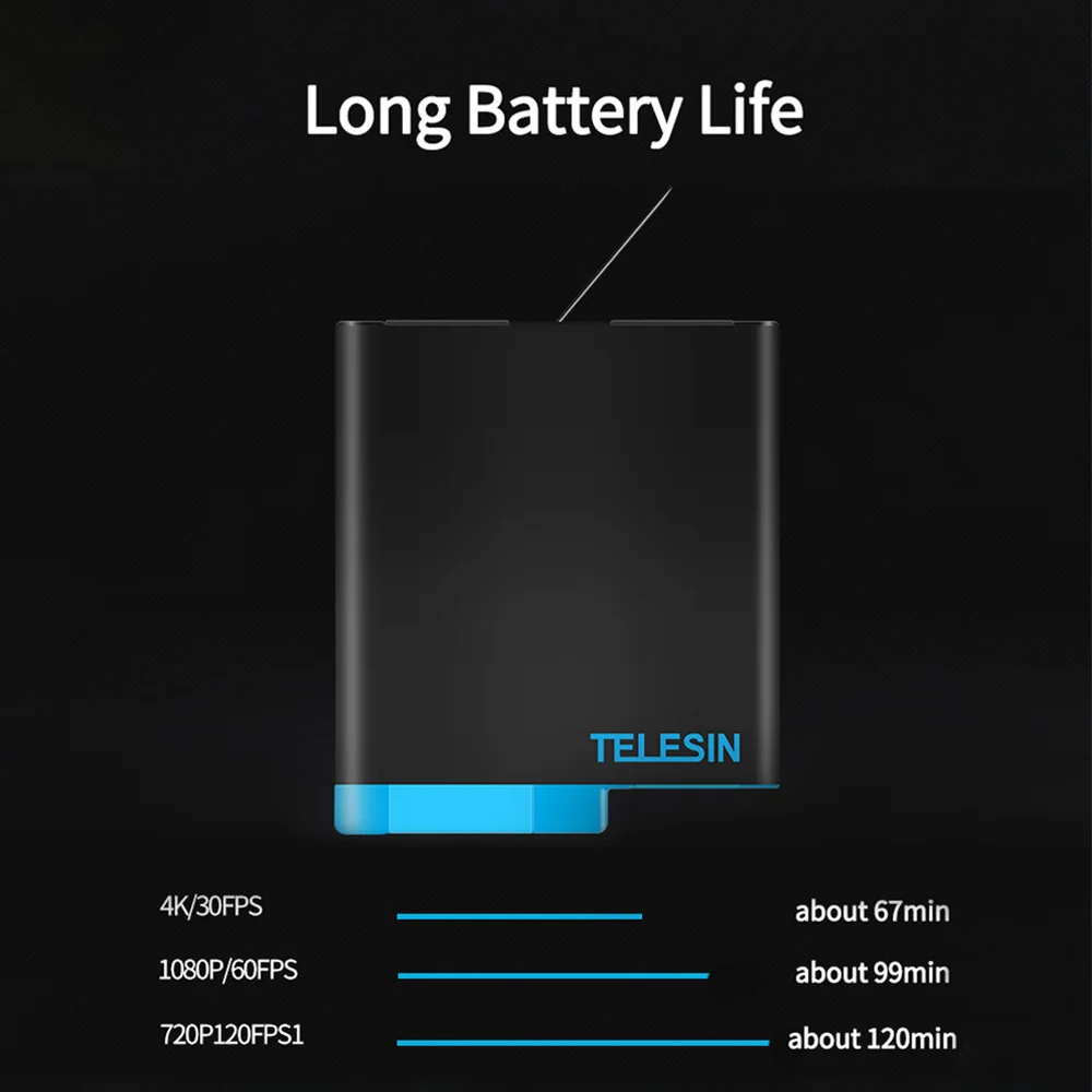 بطارية بديلة من TELESIN لـ GoPro 5 6 7 8 بقدرة 1750 مللي أمبير في الساعة لبطارية GoPro Hero 12 11 10 9 ملحقات بطارية كاميرا الحركة السوداء