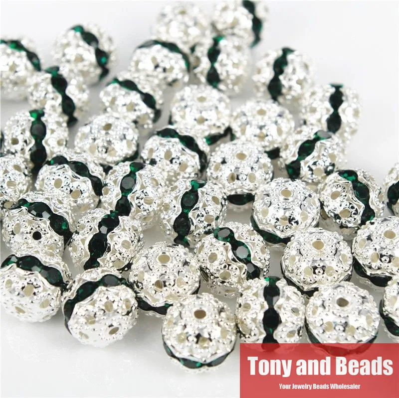 ( 20Pcs=1Lot ! ) 10MM Copper Material Silver Plated Crystal Rhinestones Spacer Loose Charm Beads For DIY Jewelry Making No.RB14