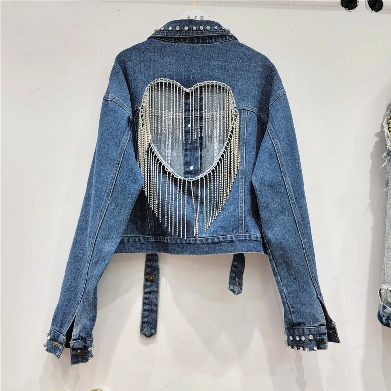 

2023 Autumn Colored Diamond Tassel Chain Hollow Heart Denim Coat Women's NS Super Hot Korean Edition Top jackets