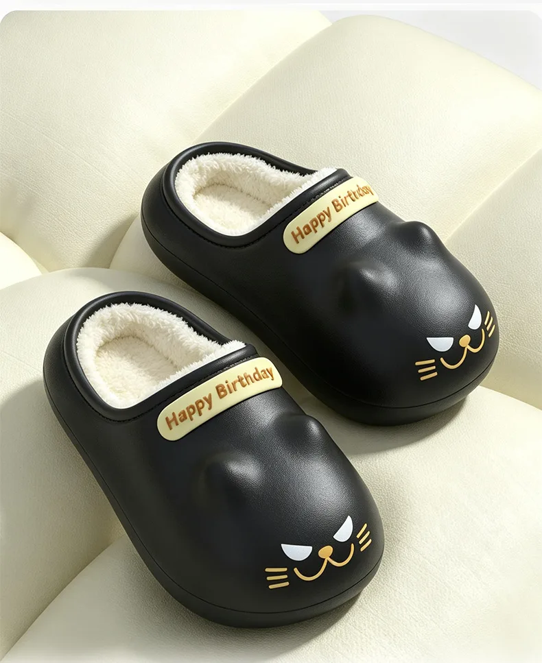 Neue wasserdichte schwarze Kätzchen-Hausschuhe für Damen, niedliche Cartoon-Katzen-Pfoten-Design, Plüschsohlen-Schuhe, Damen-Kätzchen-Mules-Hausschuhe für Geburtstage – Detail 7