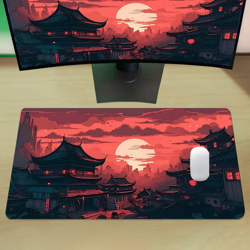 Tapete de mesa com padrão de pôr do sol, design artístico, grande, mouse pad para jogos, acessórios de escritório com base de borracha antiderrapante, borda costurada