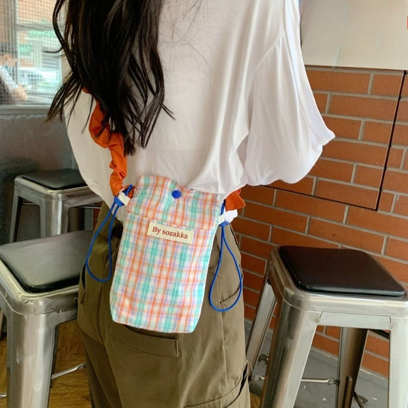 Korean Plaid Crossbody Bags for Women Small Shoulder Bag Phone Pouch Key Earphone Data Cable Bag
