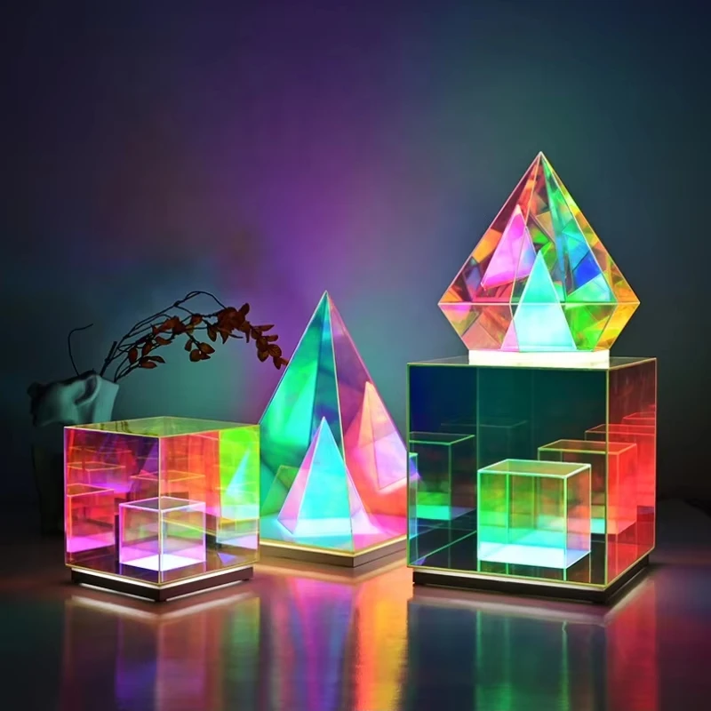 Pyramid Rubik\'s Cube Colorful LED Light Bedroom Table Decoration Home Desk Atmosphere Night Light Rechargeable Remote Control