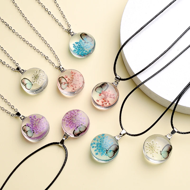 Fahion Glass Charm Real Dried Flower Pendant Necklace Transparent Butterfly Flower Pendant Necklace For Women Jewelry