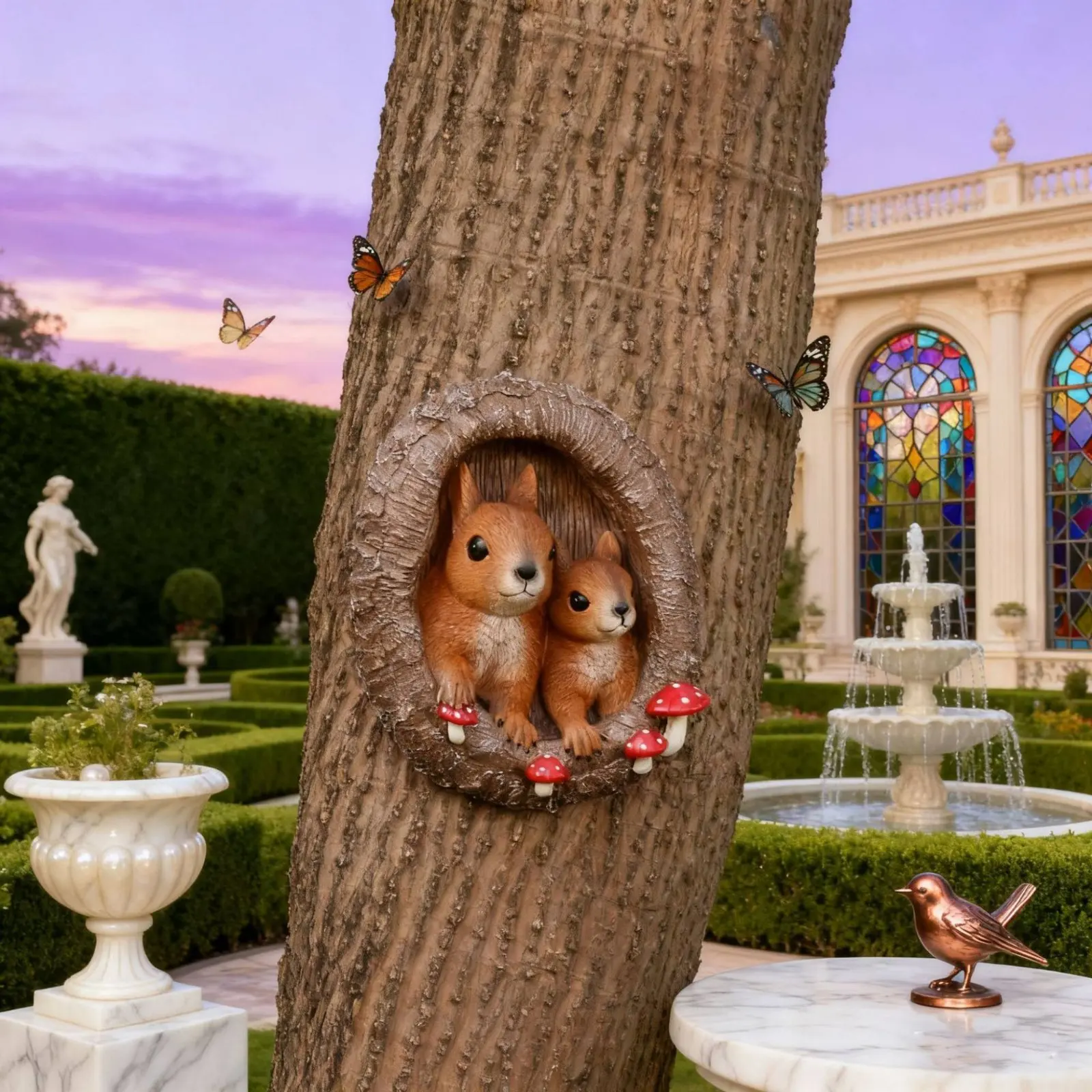

Squirrels in Tree Hollow Statue Weather-Resistant Squirrel Tree Peeker Resin Squirrel Wall Art Hand-Painted Garden Sculpture