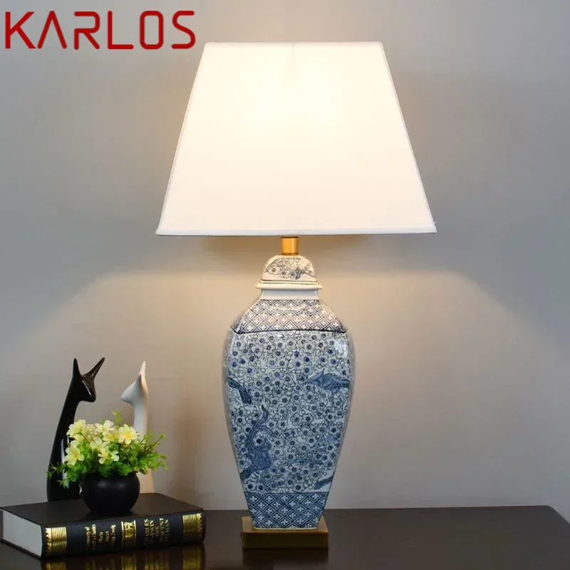 KARLOS lampu meja keramik biru kontemporer, kreativitas mewah ruang tamu kamar tidur belajar Hotel lampu meja Teknik