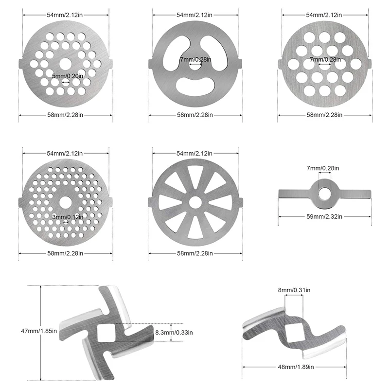 ABFKL 10Pcs Meat Grinder Blades Set, Stainless Steel Meat Grinder Plate Discs Sausage Stuffer Ring Food Grinding Blades