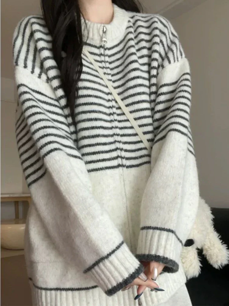 

Vintage Striped Cardigan Women Loose Pockets Korean Retro Knitted Sweaters Fall New Long Sleeve Female O Neck Zipped Tops