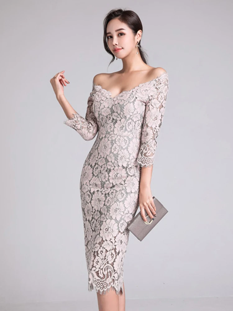 Korean Style Fashion Lace Dress Women Elegant Chic Sexy Low Cut Bodycon Midi Robe Evening Party Prom Vestidos Banquet Clothes