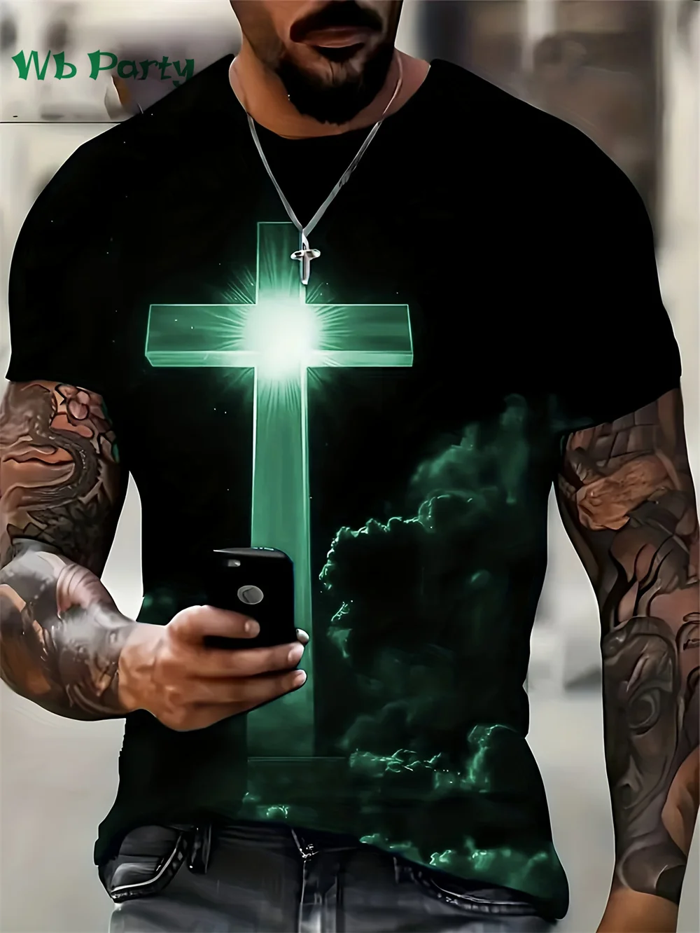 Redemption Night Crucifix Pattern Print T-shirt Short Sleeve Tee Men\'s Oversize T-shirt Crucifix Print Clothes Graphic T shirts