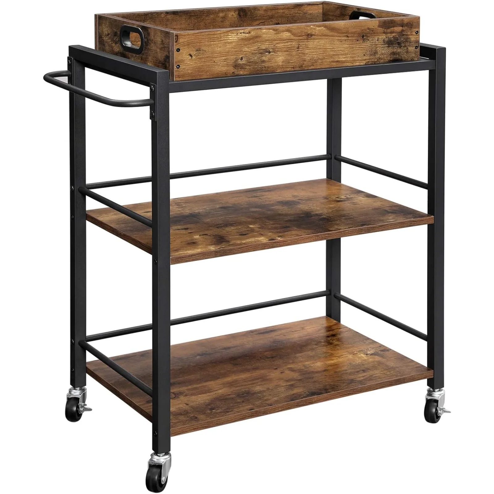 

Industrial Bar Cart for The Home, Serving Cart with Wheels and Handle, 3-Tier Beverage Cart with Removable Tray and Storage