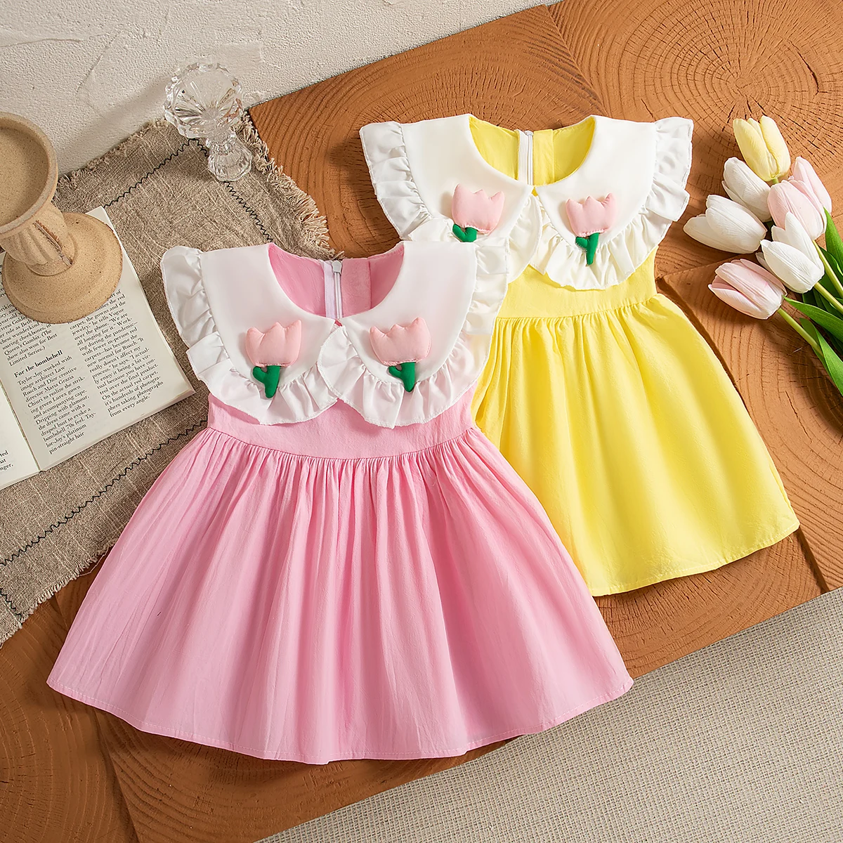 

Baby Girl Dress Summer Cotton Solid Color Tulip Lapel Sleeveless Girls Dresses Cute Casual Beach Baby Girl Clothing