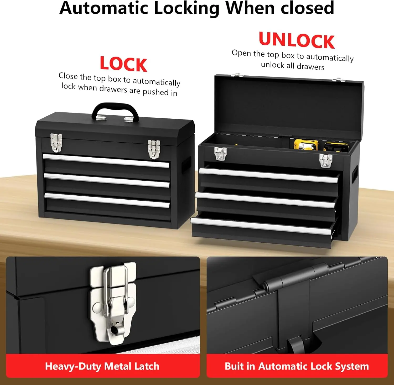 3-Drawer Heavy Duty Steel Tool Box with Ball Bearing Slides and Locking Mechanism, Portable Black Tool Chest