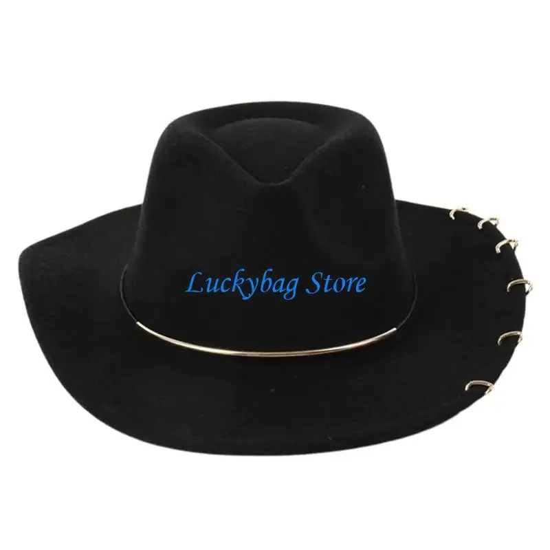 

X7XE Elegant Fedoras Hat for Women Party Hat with Metal Rings Cosplay Costume Cowboy Hat Dance Hat Stage Performances Hat
