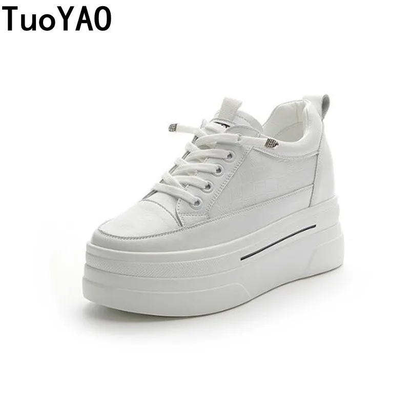 

Women Platform 7CM Full Cow Genuine Leather Sneakers Wedge White High Heel Women Casual Shoe Black Chunky Sneakers Spring Autumn