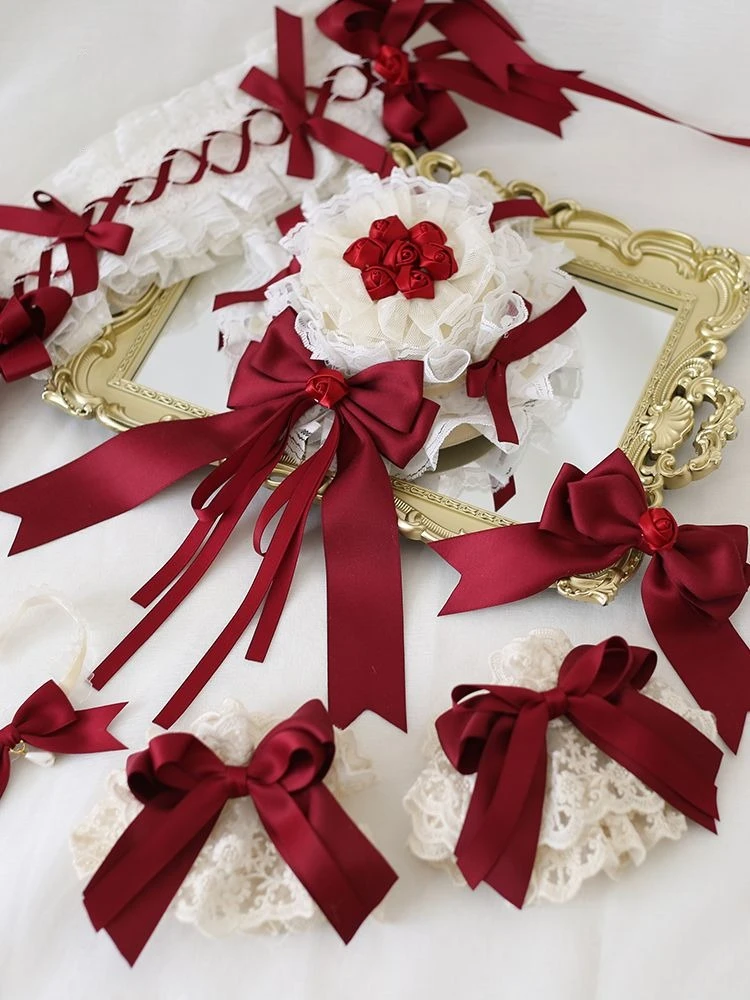 

Ribbon Bow Hairband with Hairpins Girl Lolita Lace Ruffled Hairclip Wine Red Bowknot Headband Sweet Anime Maid Cosplay Headdress