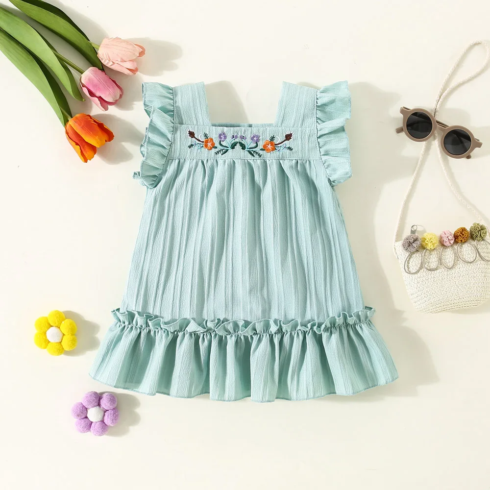 Summer New Girls Dress With Sweet Flying Sleeves Childrens Plaid Dress Heavy Lifting Little Chicken Embroidery Princess Dress