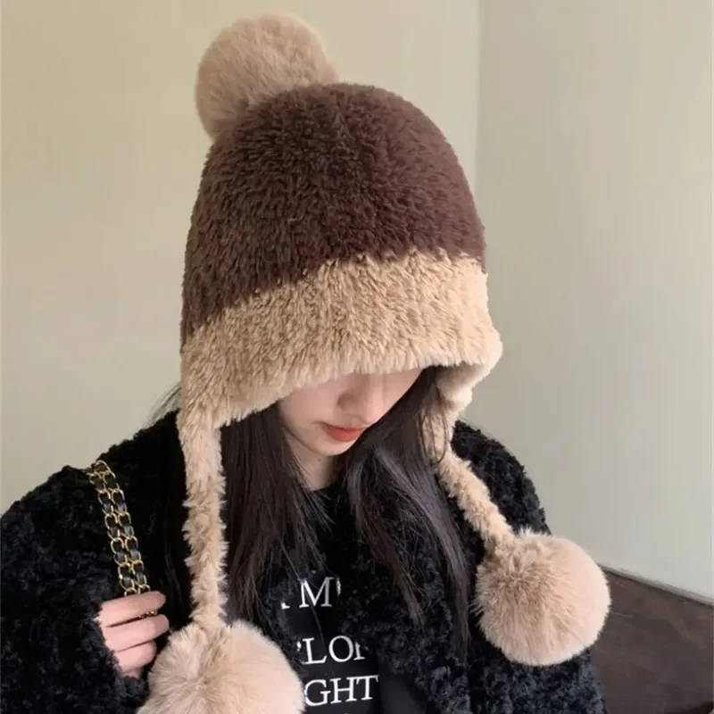 قبعة قطيفة دافئة وسميكة مقاومة للرياح ومضادة للبرد بلون سادة لحماية الأذن لخريف وشتاء