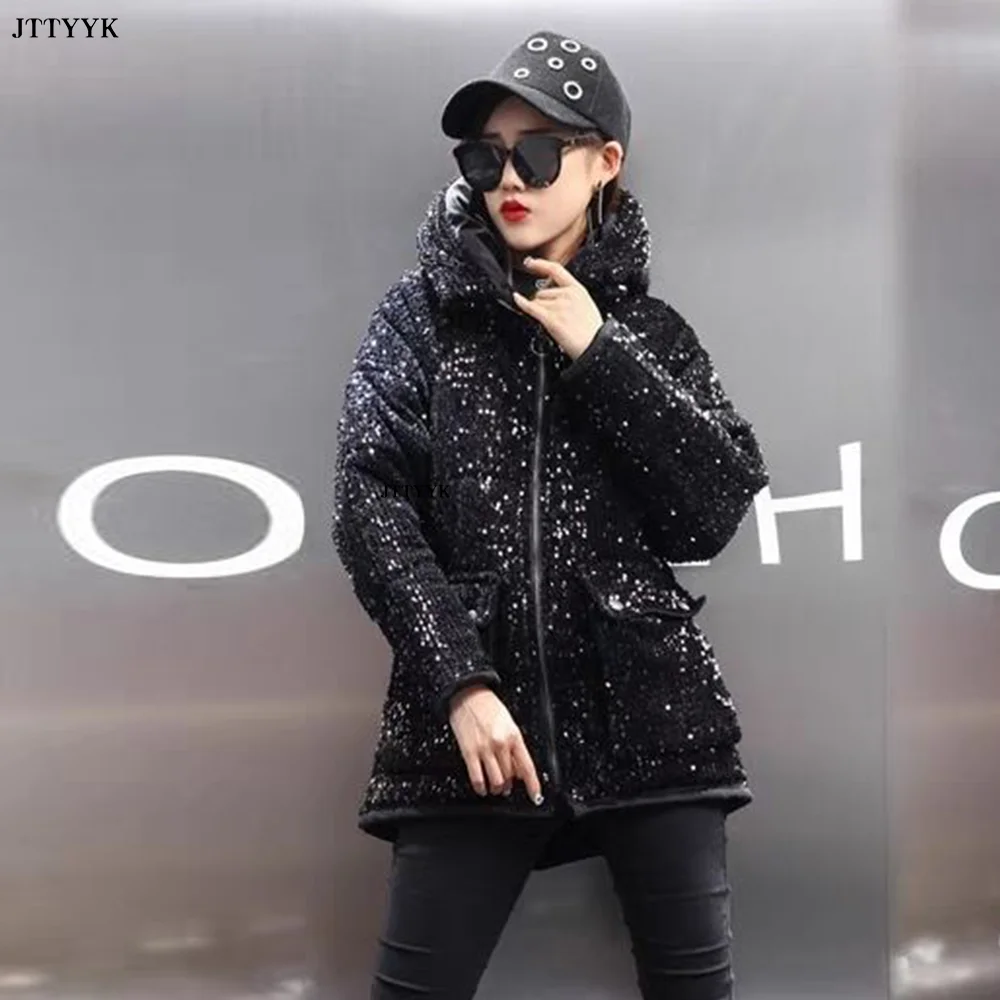 Full Sequins Parka Woman 2024 Winter Coat Thick Hooded Parka Streetwear Wide-waisted Solid Zippers Pockets Warm Jacket Parkas