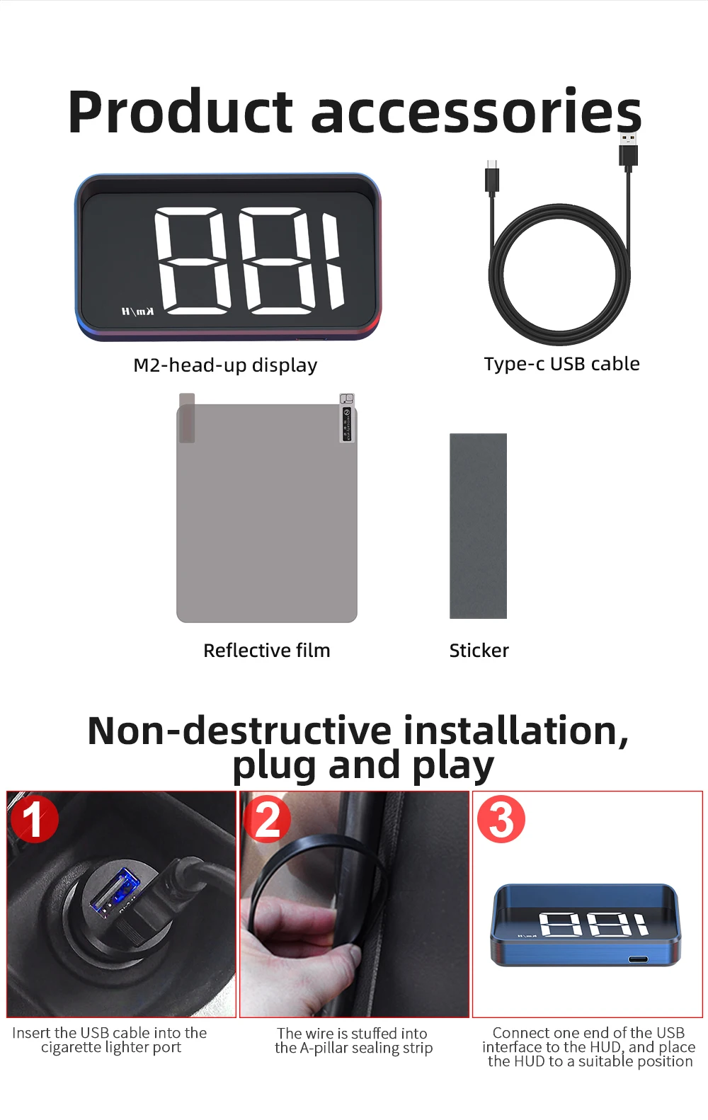M2 Head-Up-Display Auto-GPS-Tachometer KMH HUD Universelles USB-Kabel Plug & Play GPS & Beidou Dual-Satellitensystem – Detail 9