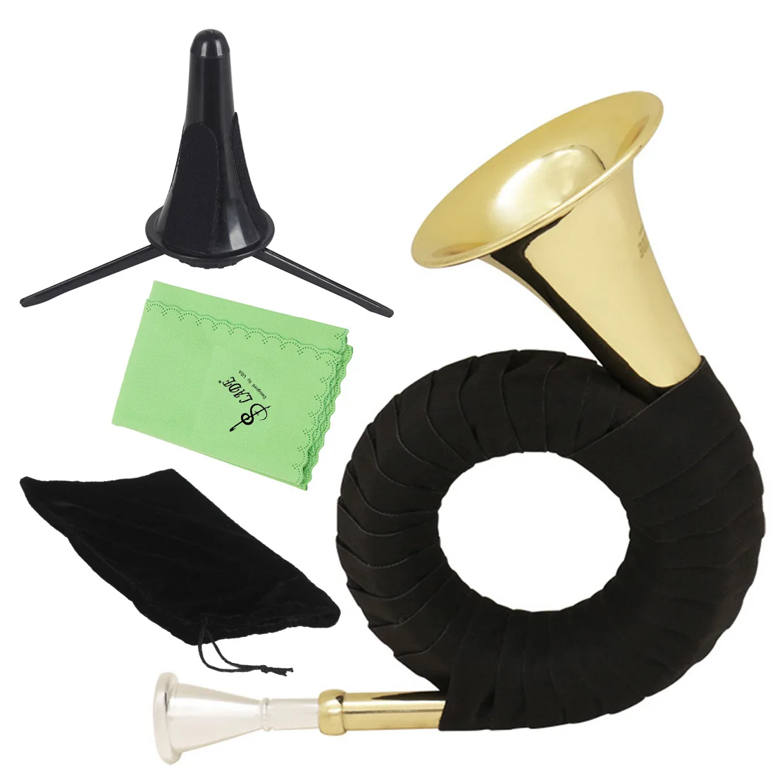 B-flat Mini French Hunting Horn, Golden Brass Wind Instrument with Stand, Bb Flat Big Hunt Horn for Performance
