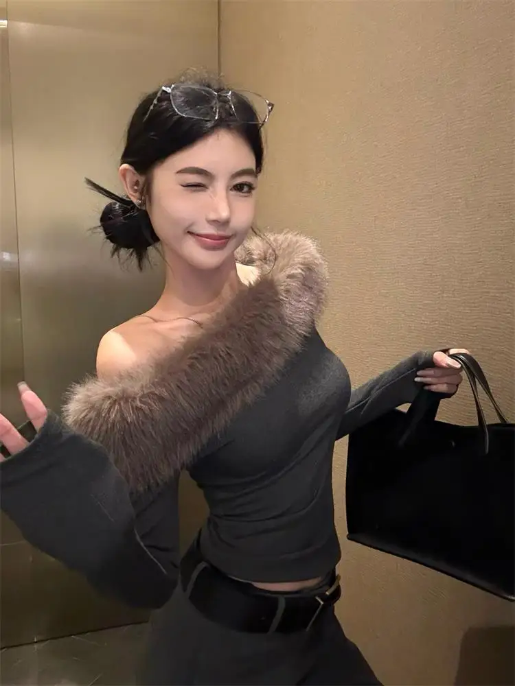 

ay Pure Desire Spicy Girl Женский воротник из искусственного меха на одно плечо, осень-зима, наклонная основа, внутренняя одежда, элитный ...