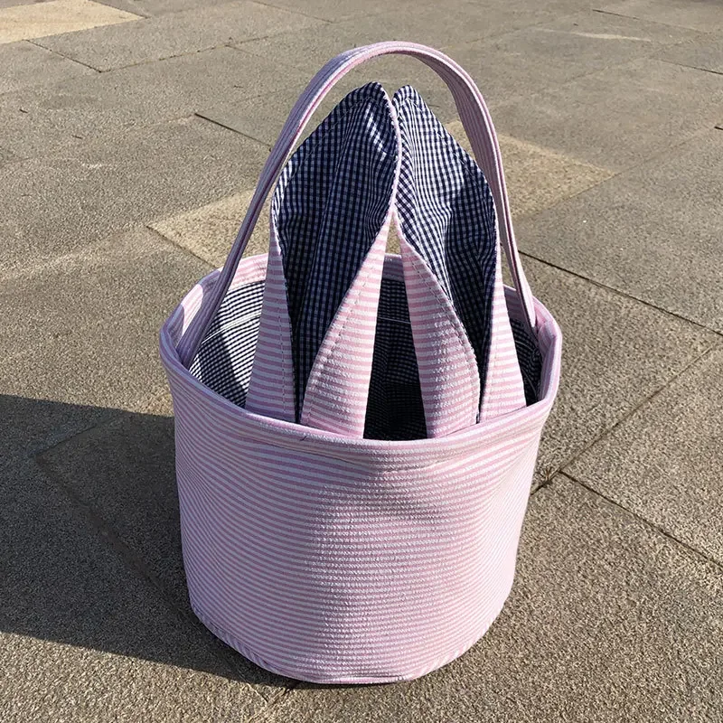 Striped Easter Basket Eggs Candy Bag Easter Seersucker Basket Easter Party Supplies Gifts for Kids
