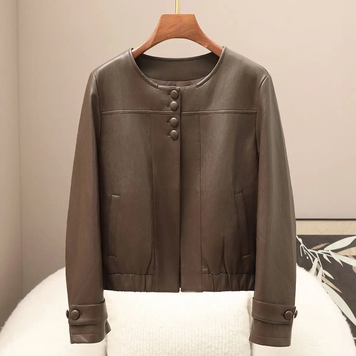 Kort rondhals jack van imitatieleer, nieuw, casual, modieus, rondhals jas voor dames