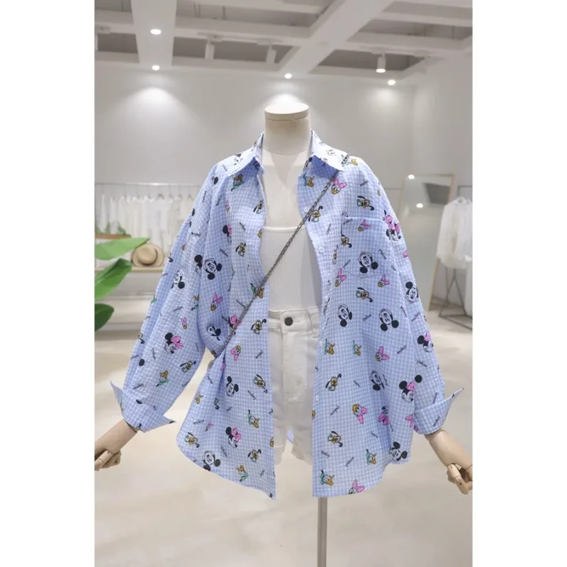 Breathable Age-Reducing Full Body Cartoon Blouse 2024 Summer Loose Mid-Length Plaid Long Sleeved Single-breasted Shirt For Women